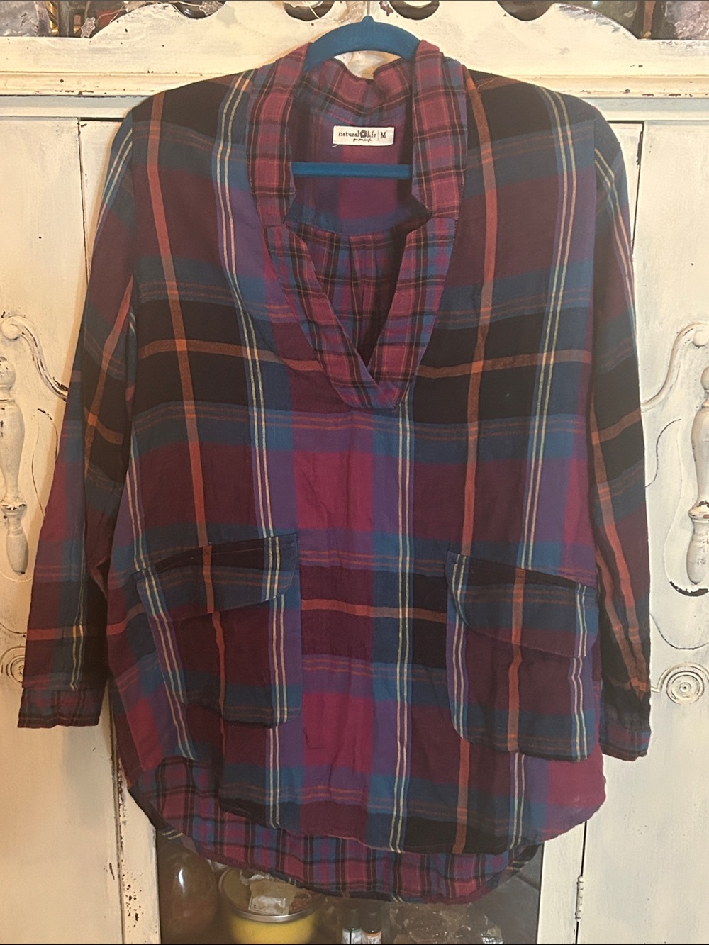 Women's Plaid Tunic Top with Pockets - Burgundy/Blue